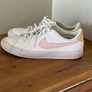 Nike Women's White Sneakers with Pink Swoosh and Pink Accent